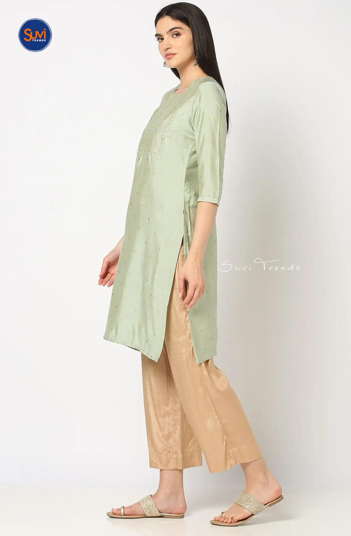Straight Kurta with Embroidered Yoke - Mint