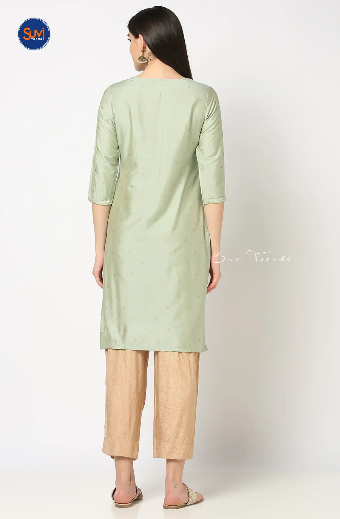 Straight Kurta with Embroidered Yoke - Mint