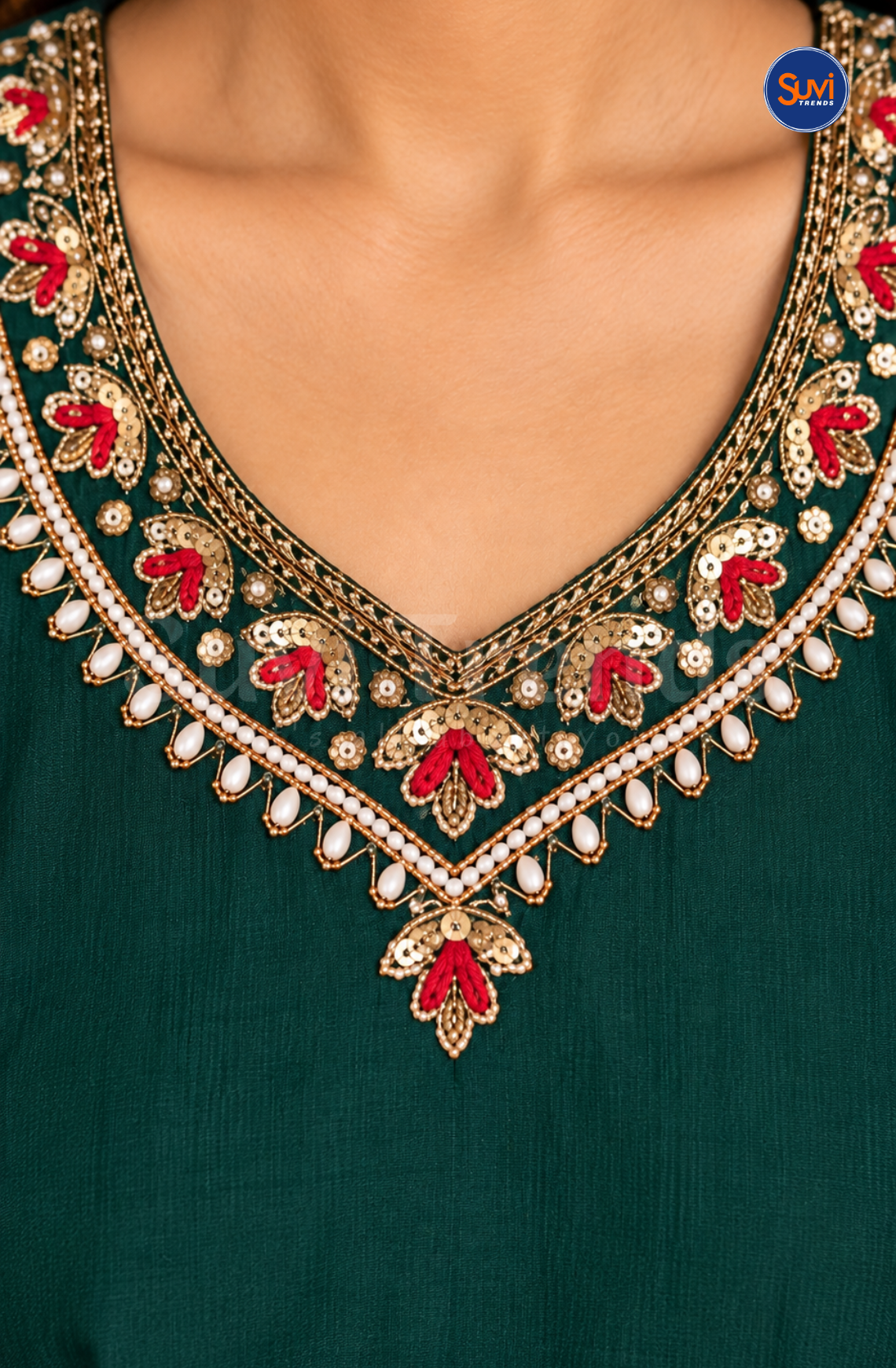 Suit Set with Bead and Sequins Work - Emerald Green