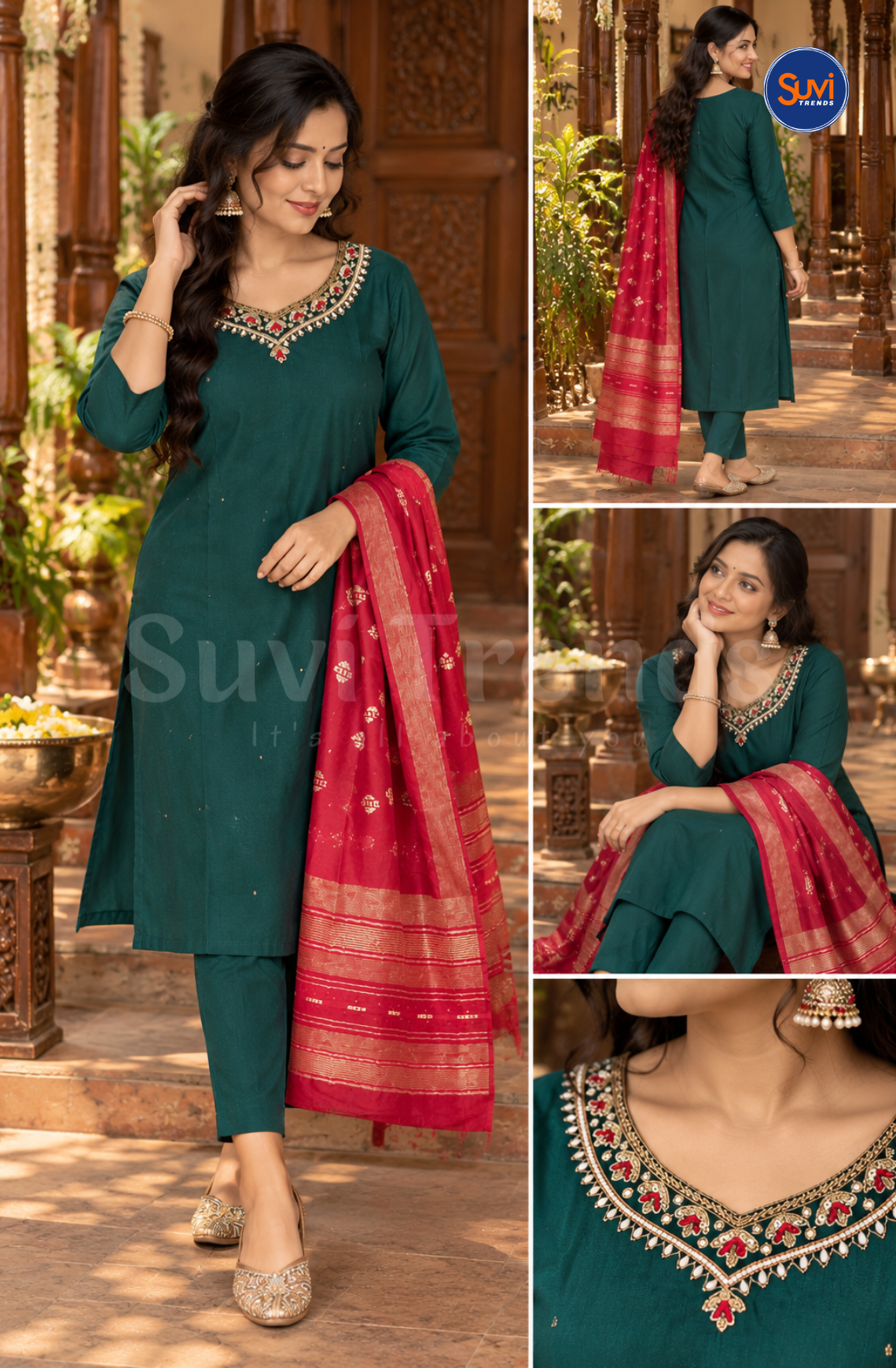 Suit Set with Bead and Sequins Work - Emerald Green