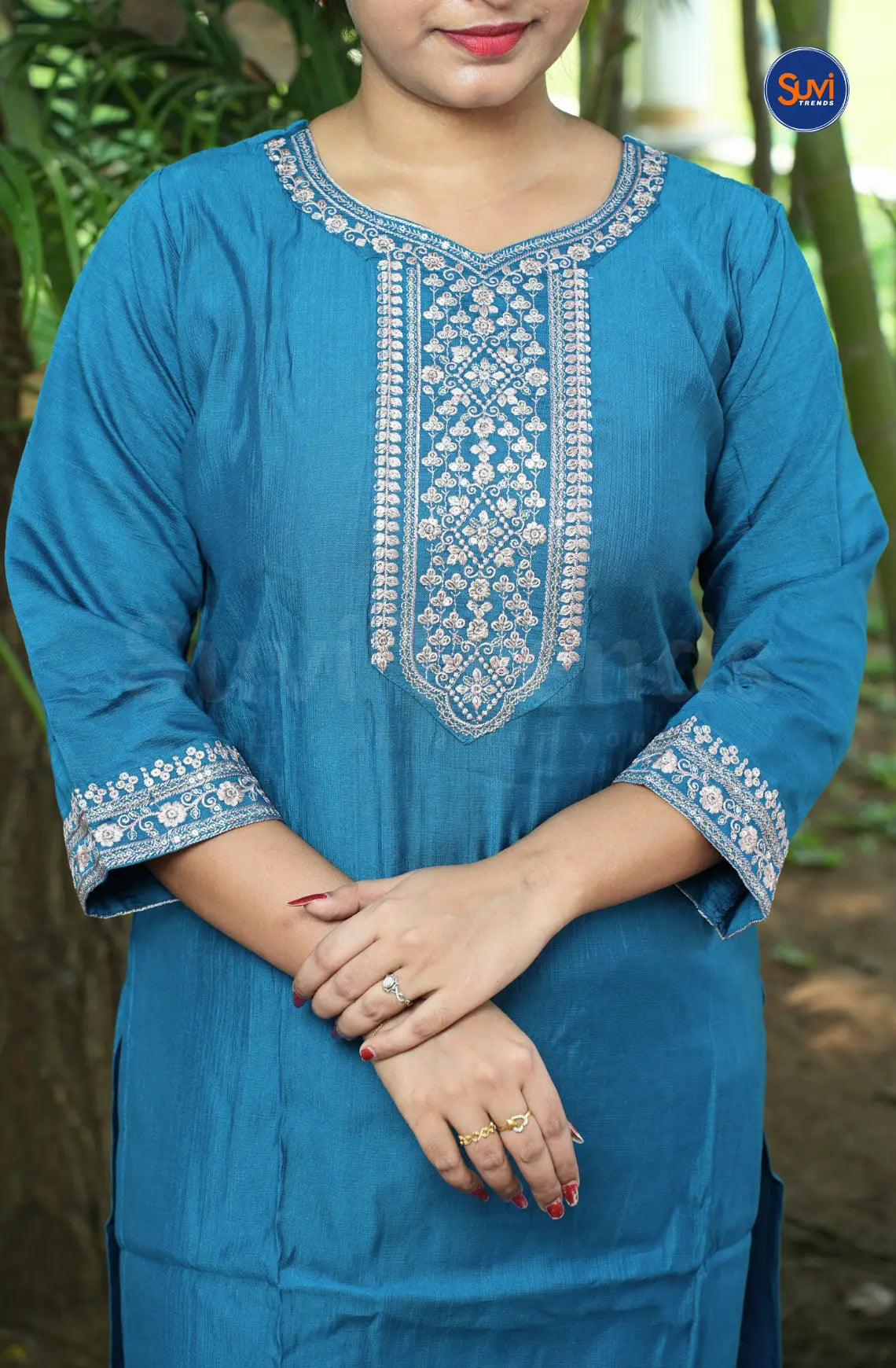 Thread Embroidery Suit Set with Dupatta - Blue
