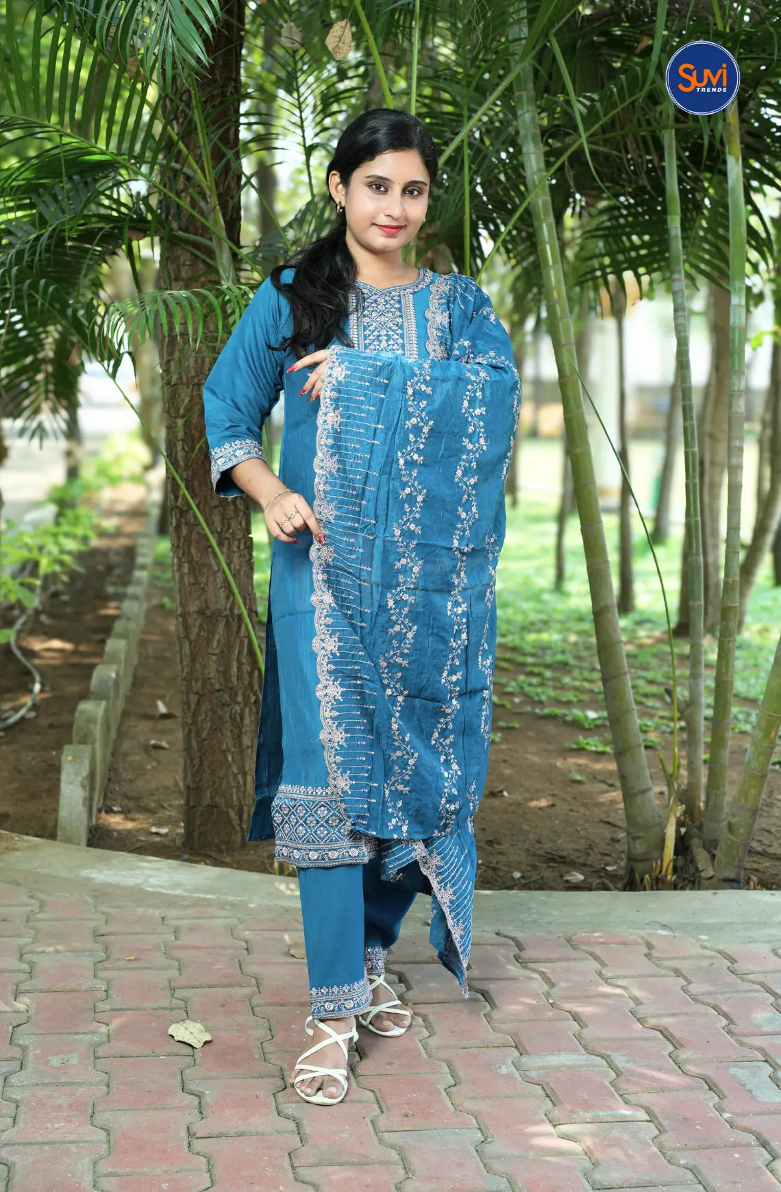 Thread Embroidery Suit Set with Dupatta - Blue