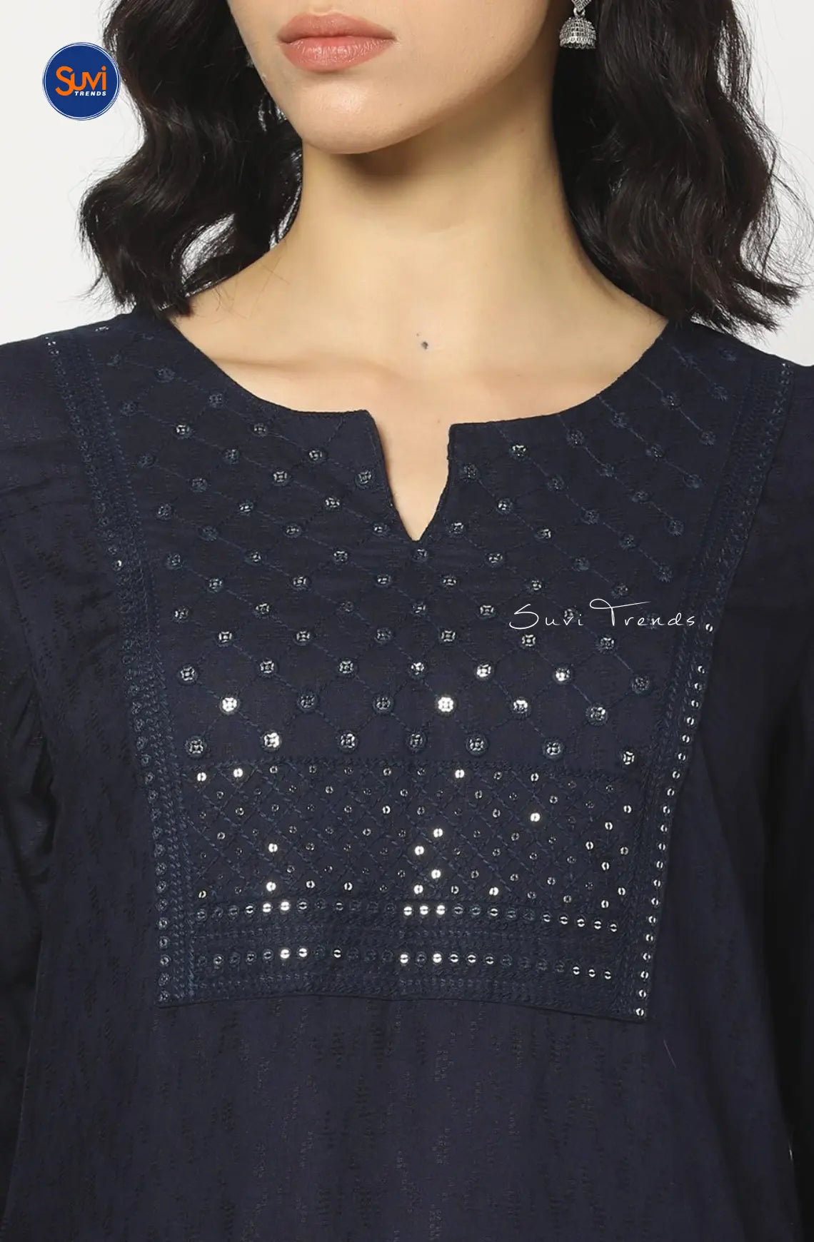 Yoke Embroidered Straight Kurta - Navy Blue
