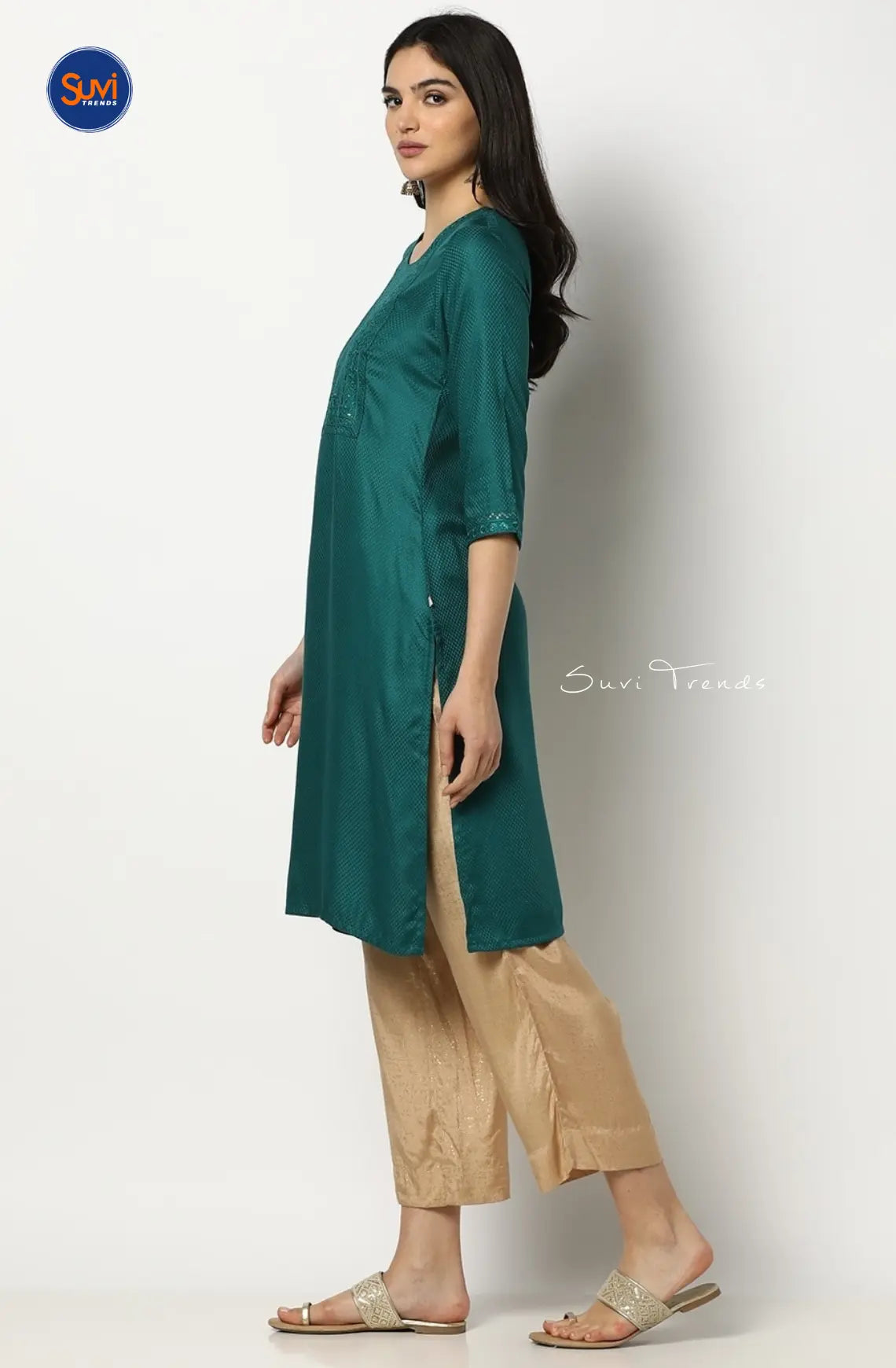 Yoke Embroidered Straight Kurta - Teal