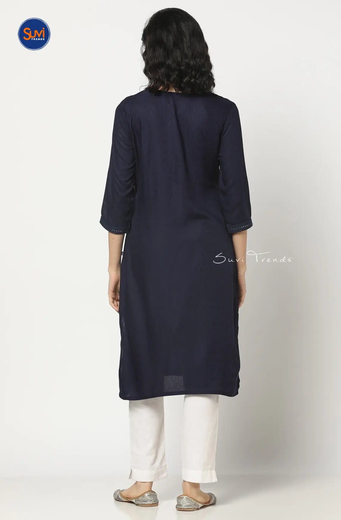 Yoke Embroidered Straight Kurta - Navy Blue