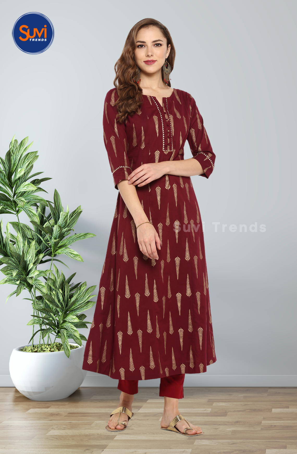 Maroon Cotton Long Kurta with Buttas