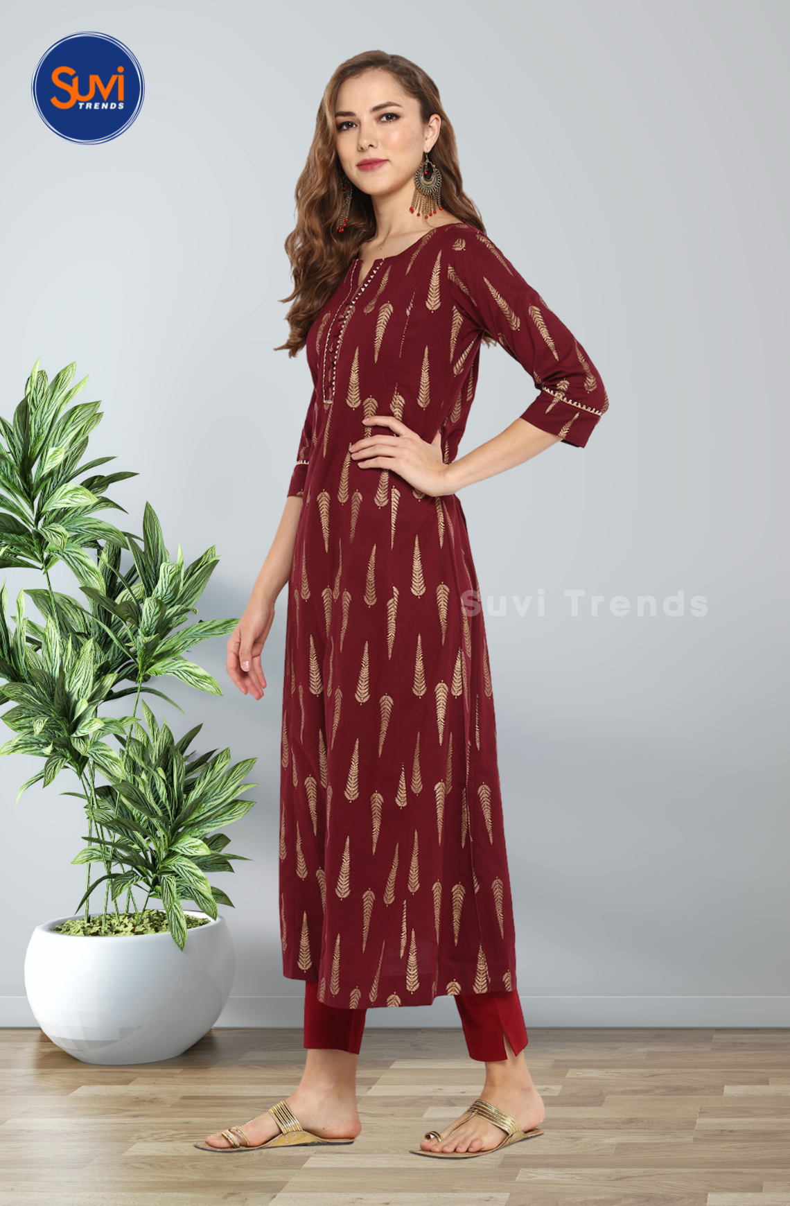 Maroon Cotton Long Kurta with Buttas