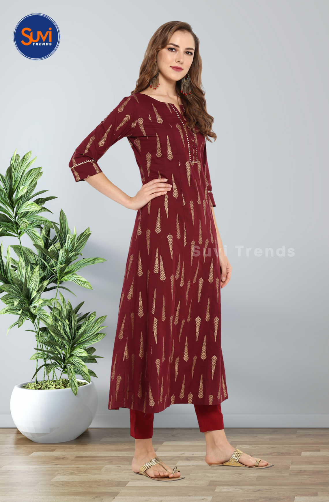Maroon Cotton Long Kurta with Buttas