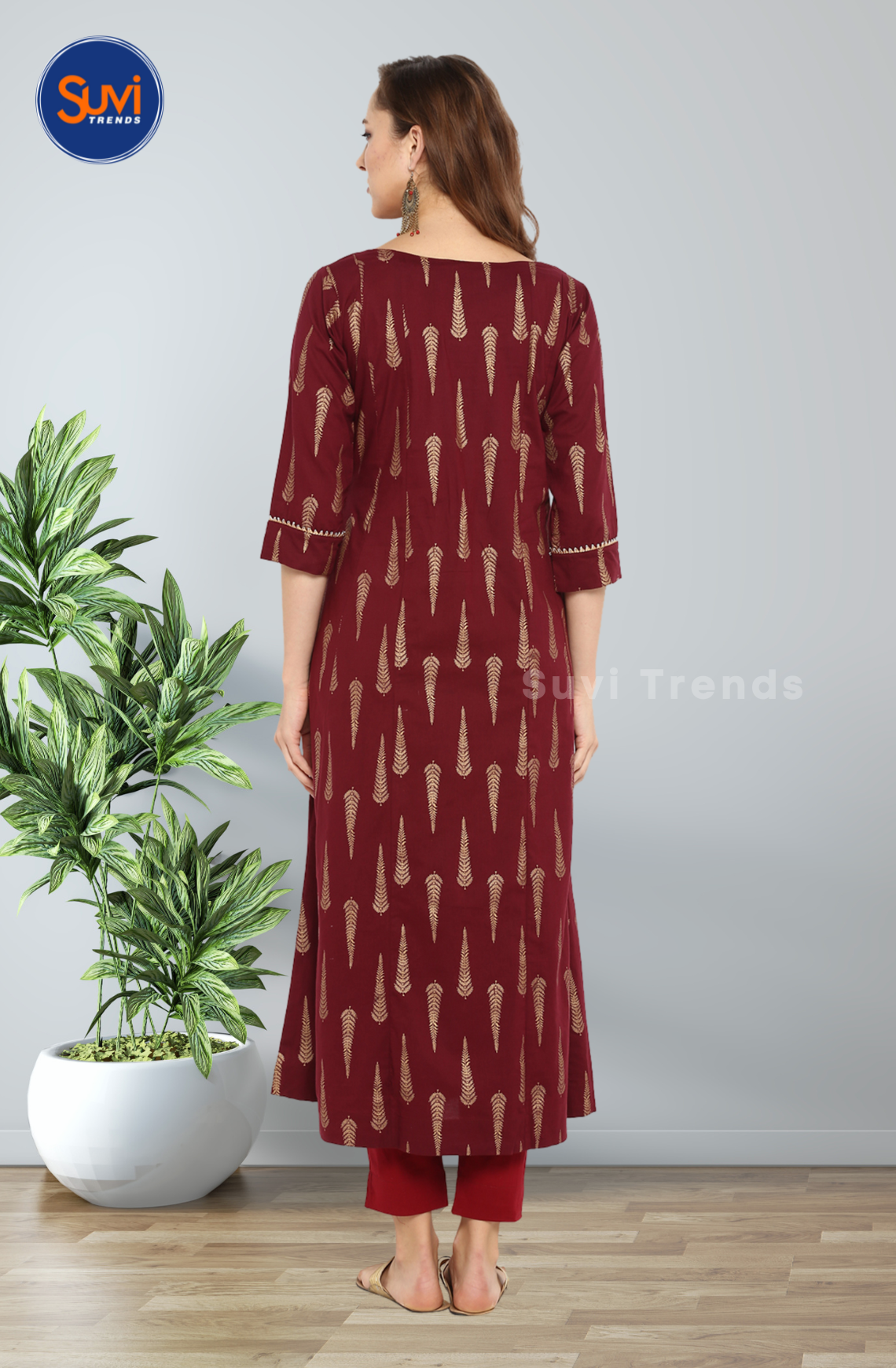 Maroon Cotton Long Kurta with Buttas