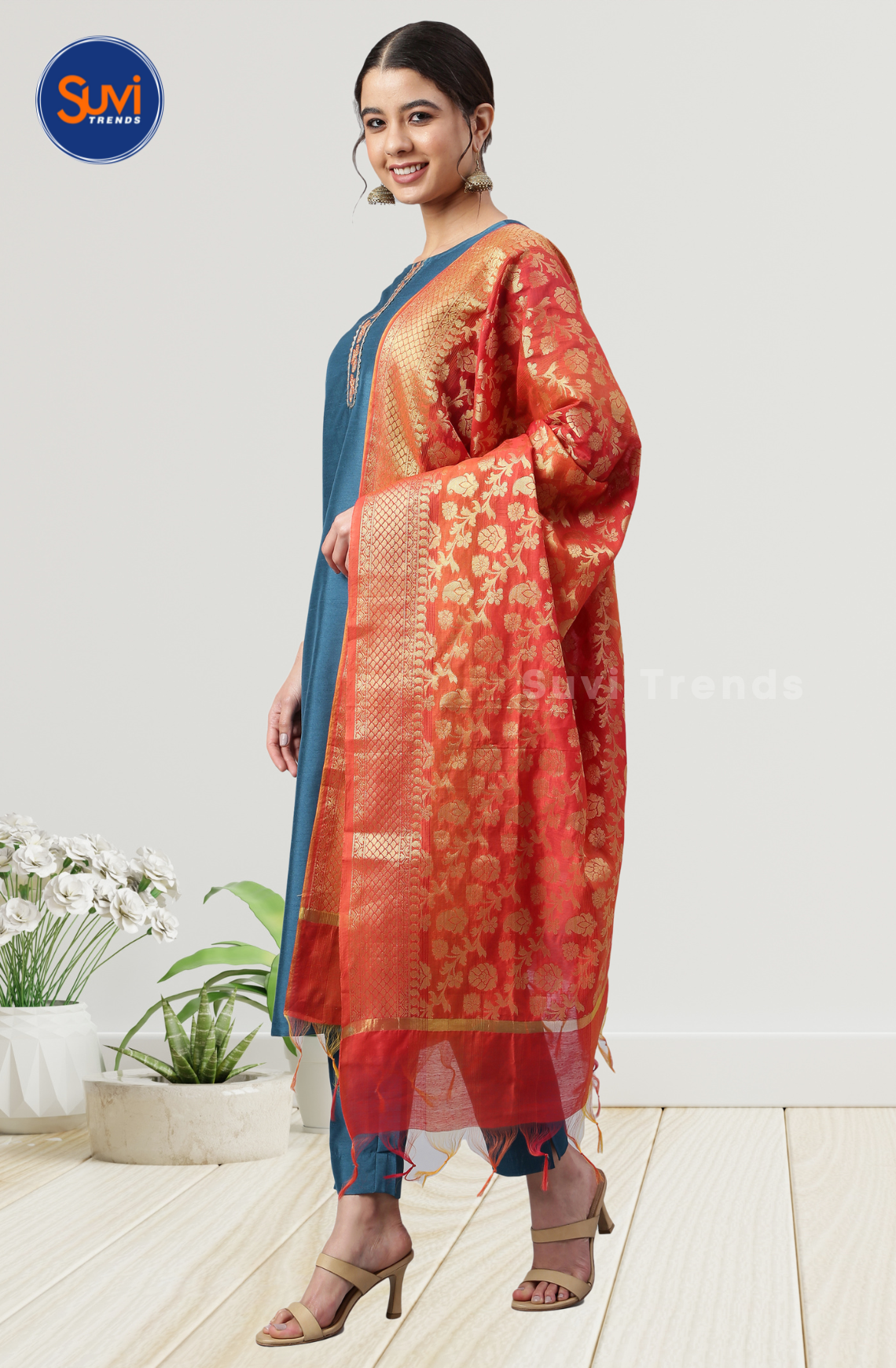 Blue Poly Silk Kurti Set with Dupatta