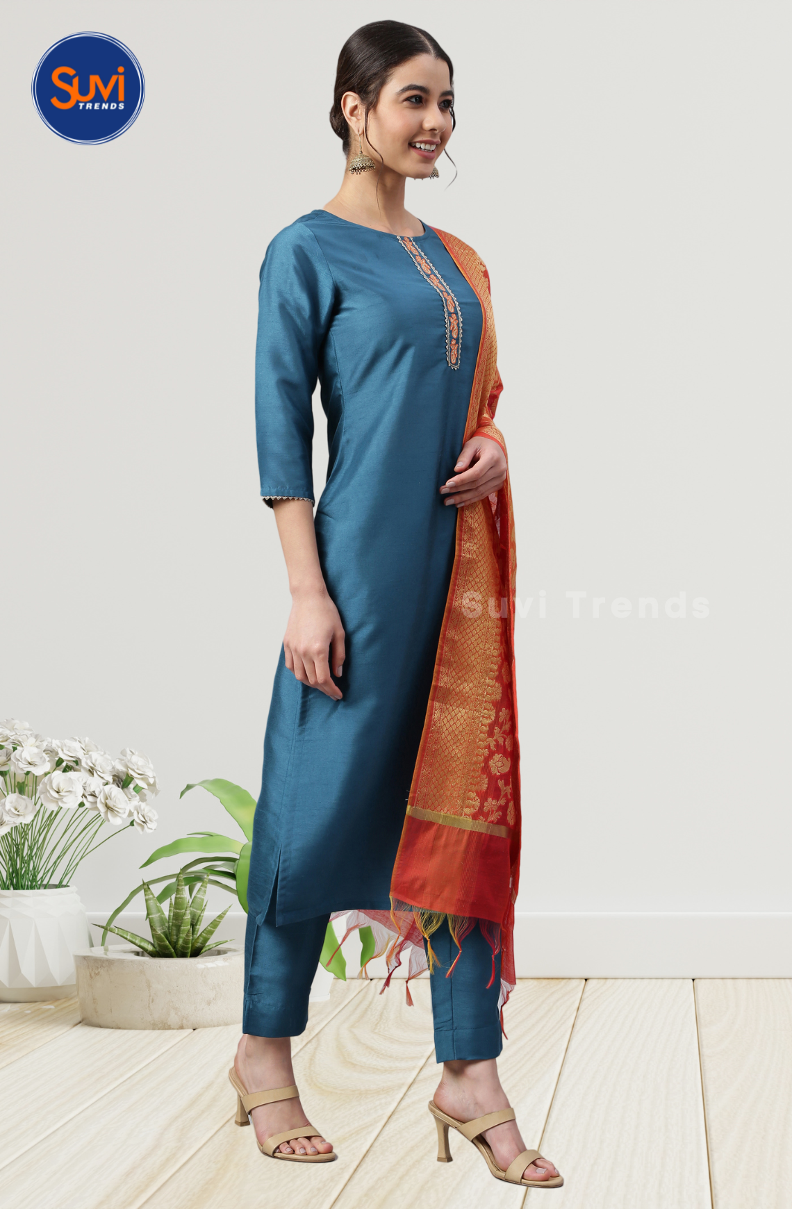 Blue Poly Silk Kurti Set with Dupatta