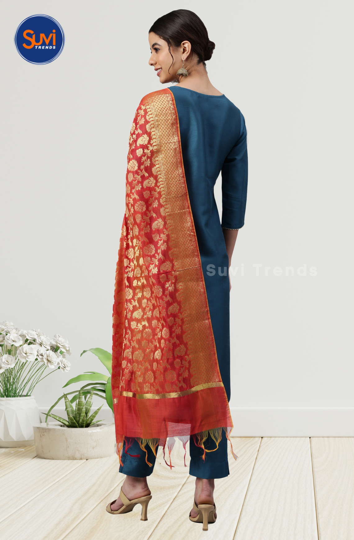 Blue Poly Silk Kurti Set with Dupatta