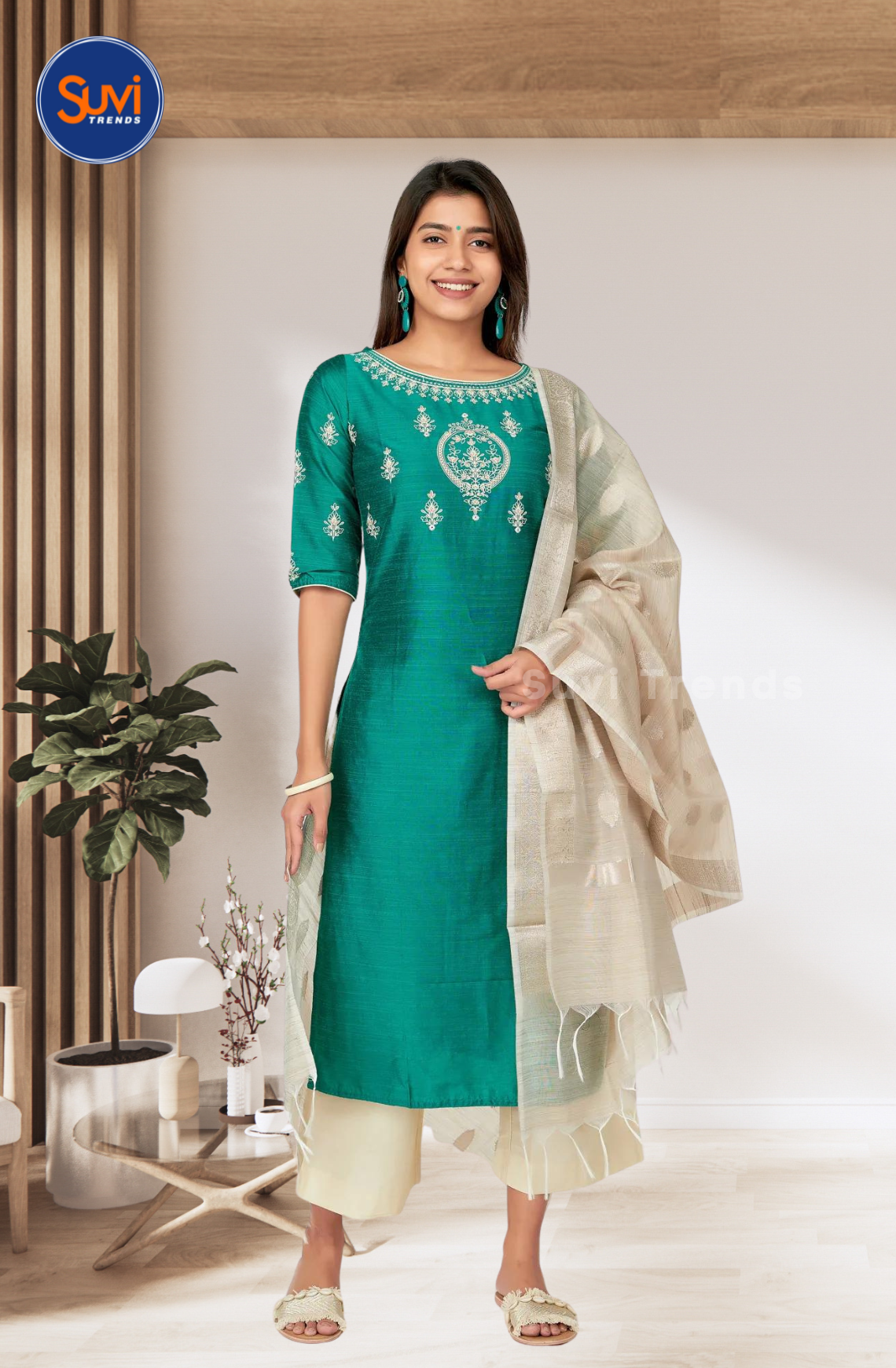 Green Floral Mirror Work Kurti Set