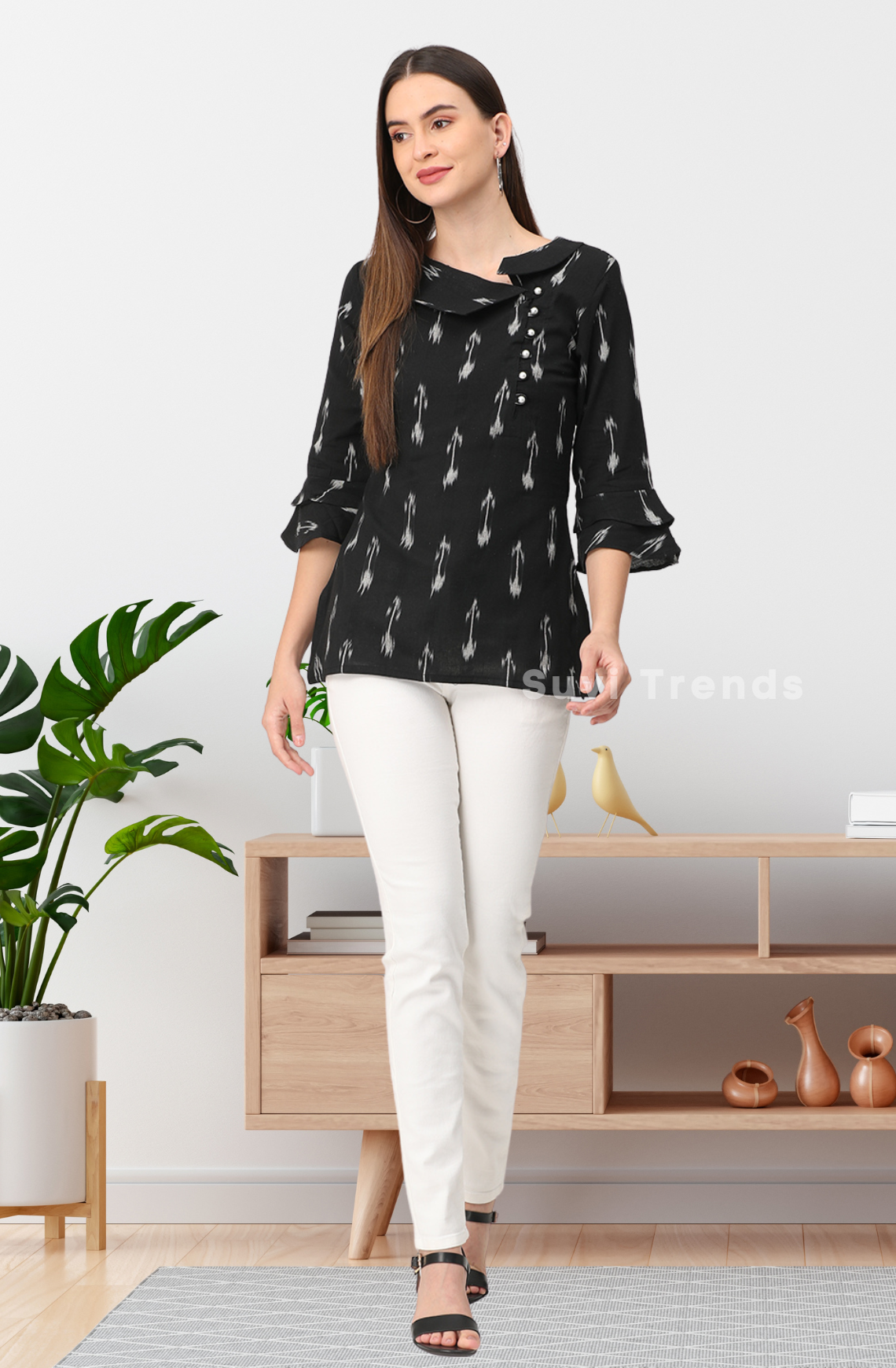 Black Ikat Top with Pearl Embellished