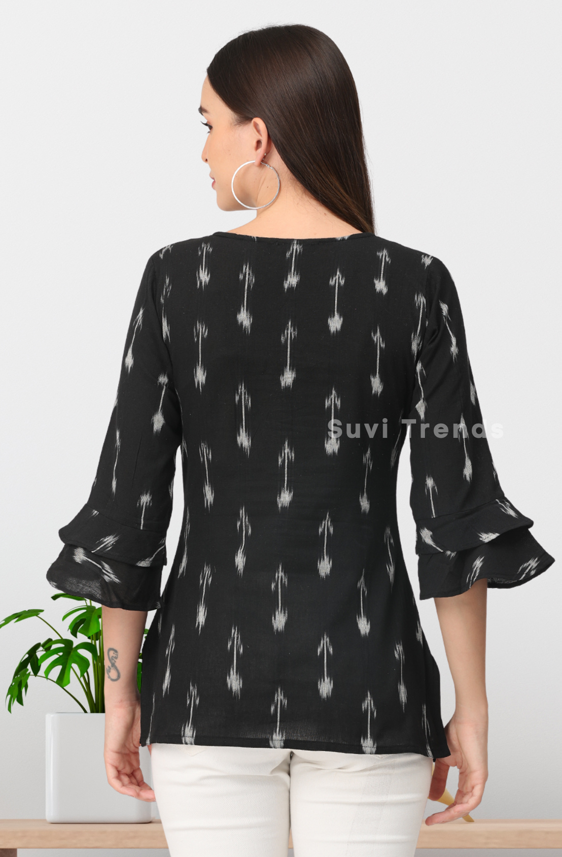 Black Ikat Top with Pearl Embellished