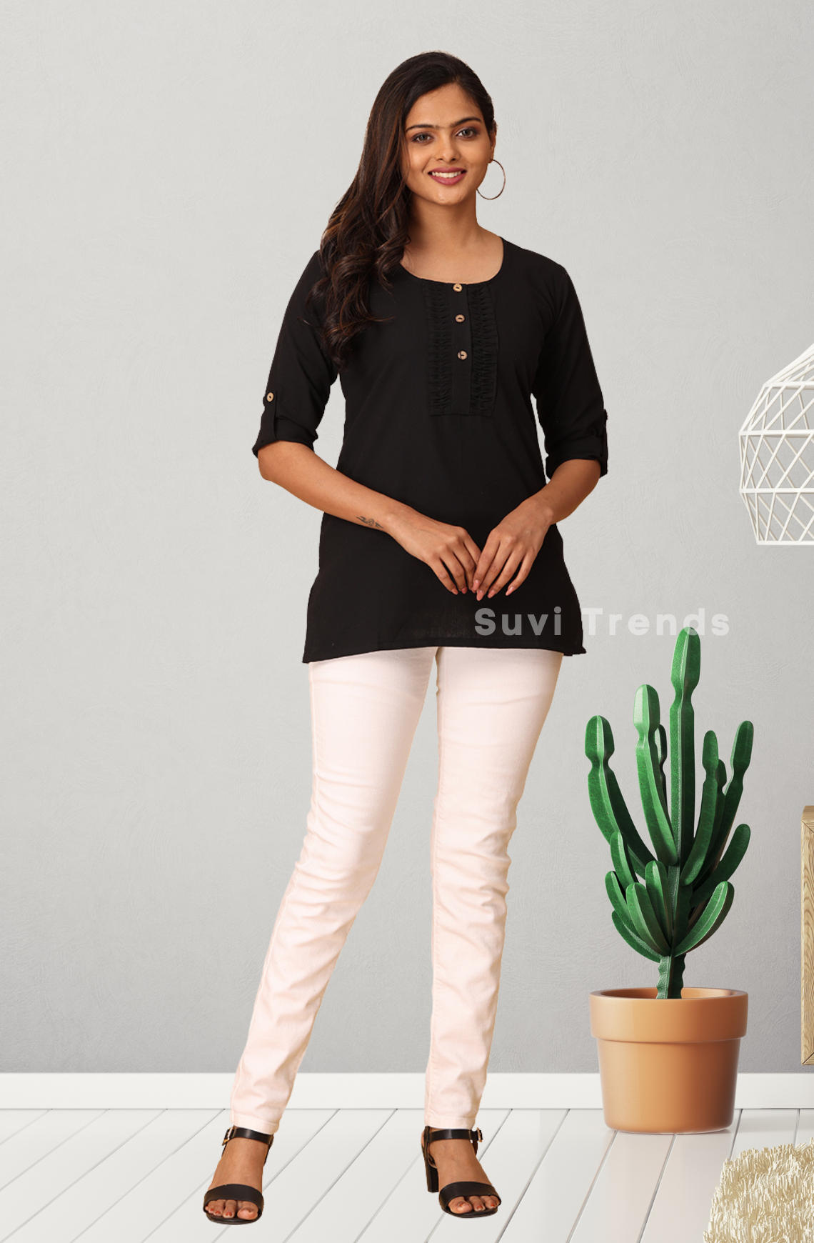 Black Pintuck Top with Roll Up Sleeves