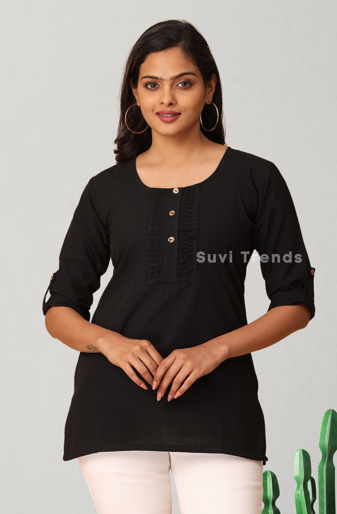 Black Pintuck Top with Roll Up Sleeves