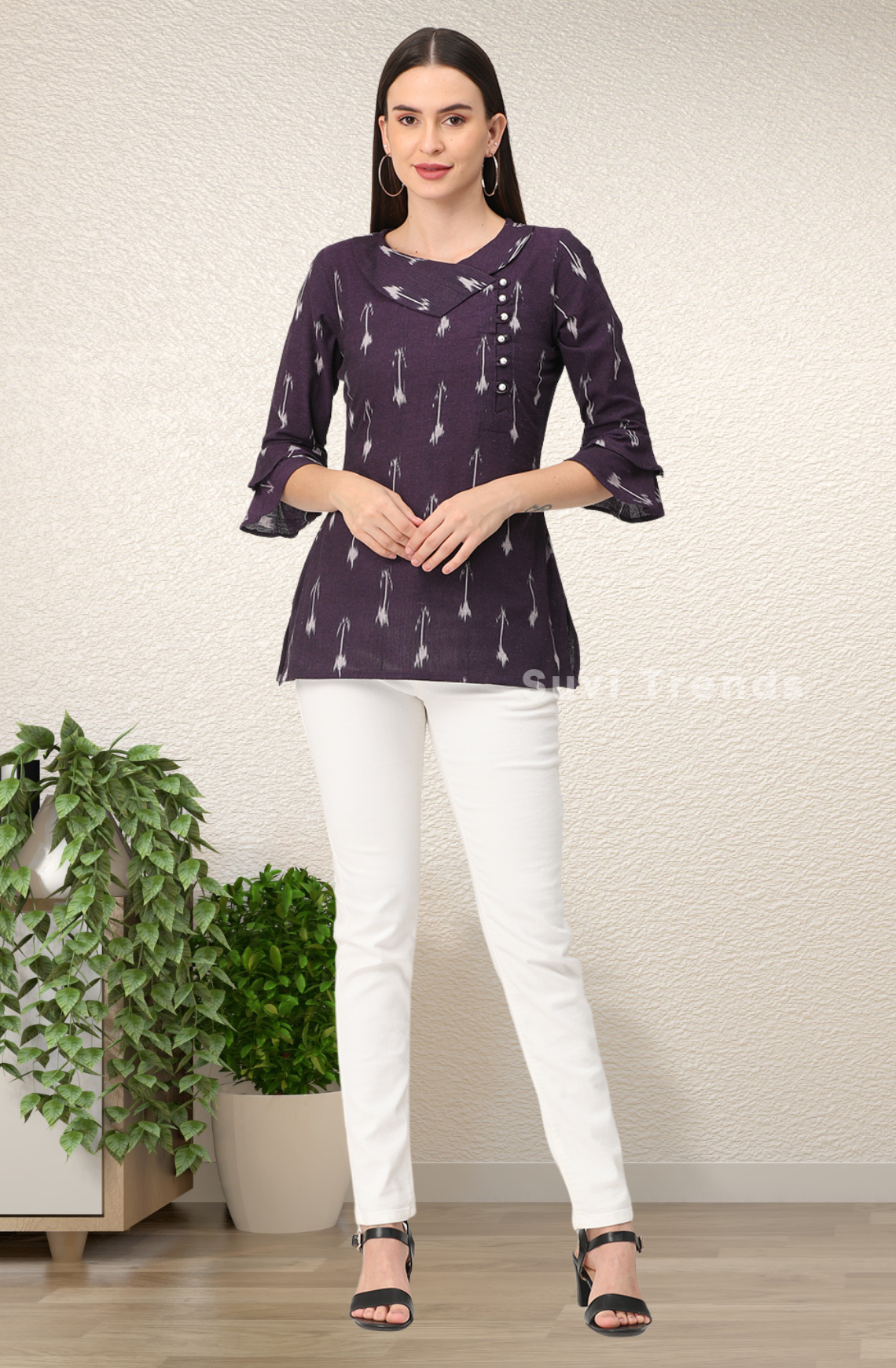 Dark Violet Ikat Top with Pearl Embellished