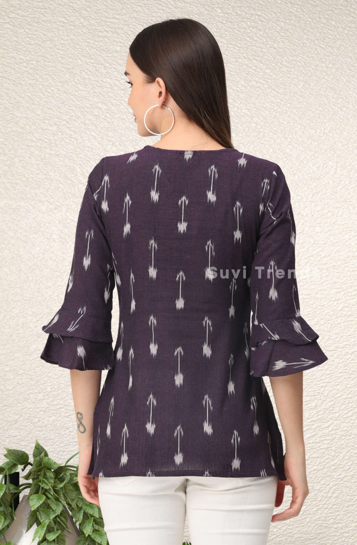 Dark Violet Ikat Top with Pearl Embellished