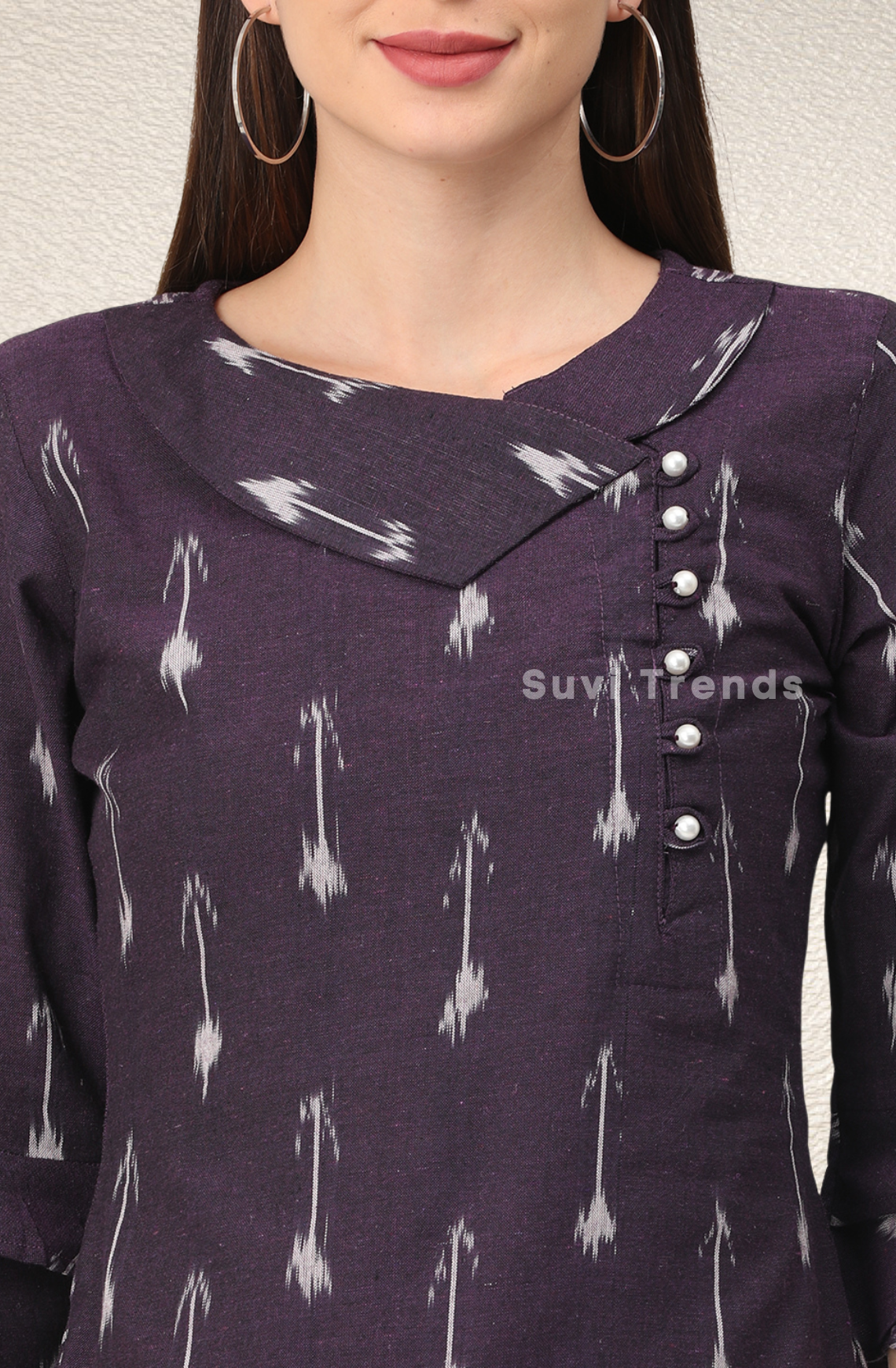 Dark Violet Ikat Top with Pearl Embellished