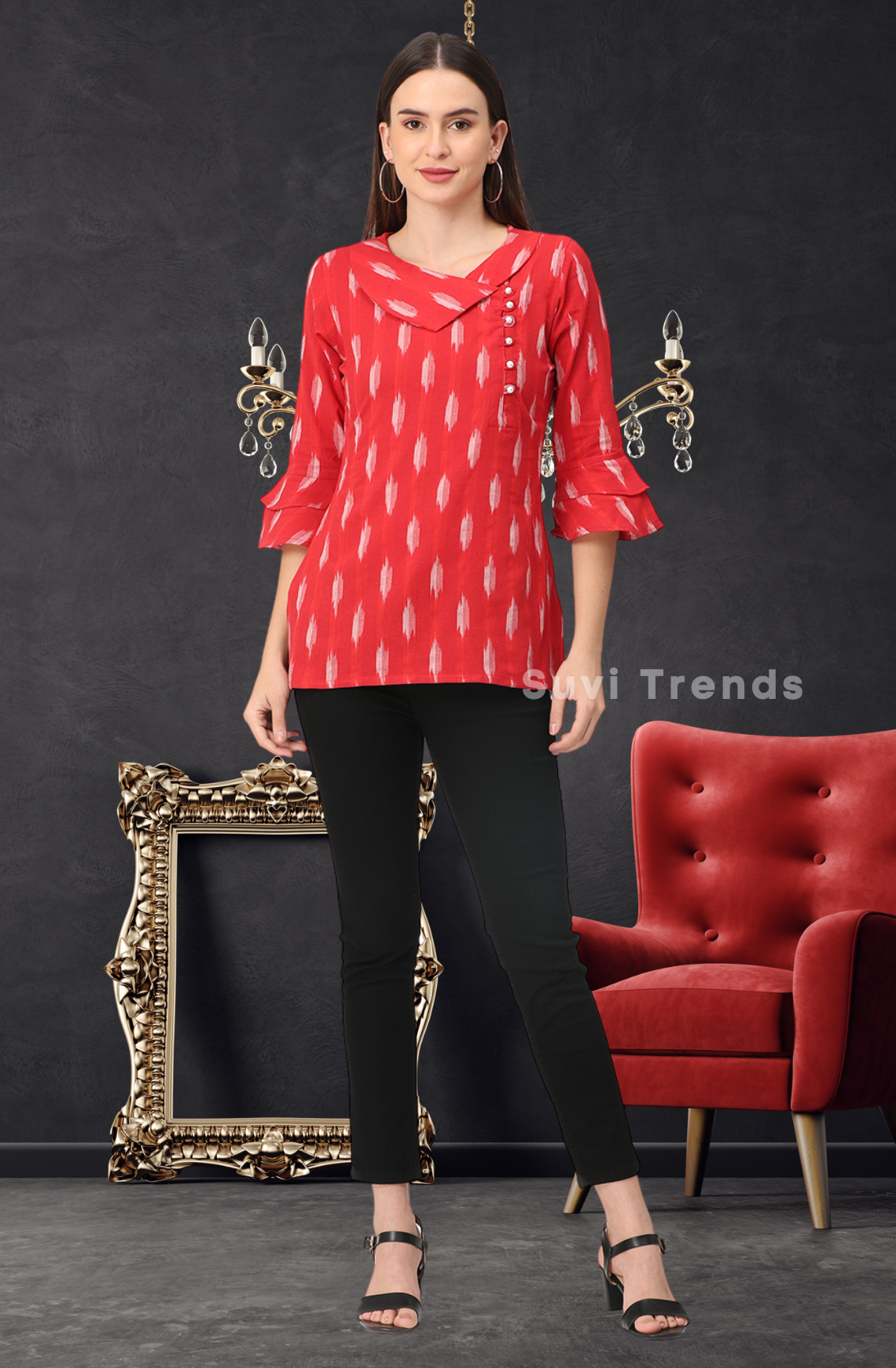 Red Ikat Top with Pearl Embellished