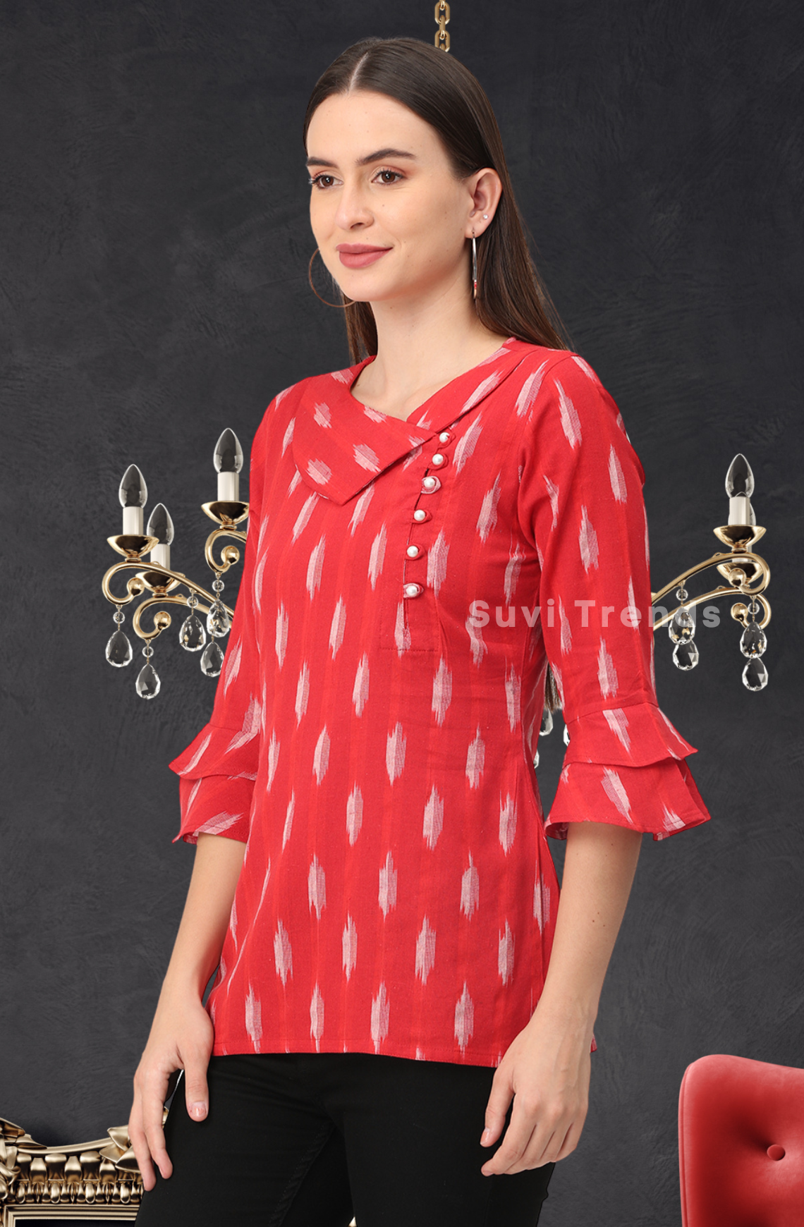 Red Ikat Top with Pearl Embellished