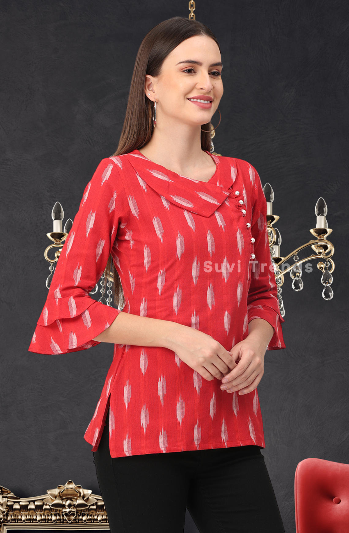 Red Ikat Top with Pearl Embellished