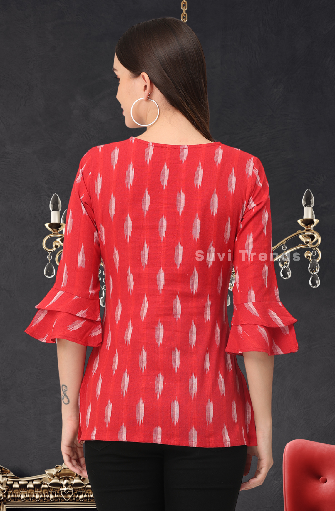 Red Ikat Top with Pearl Embellished
