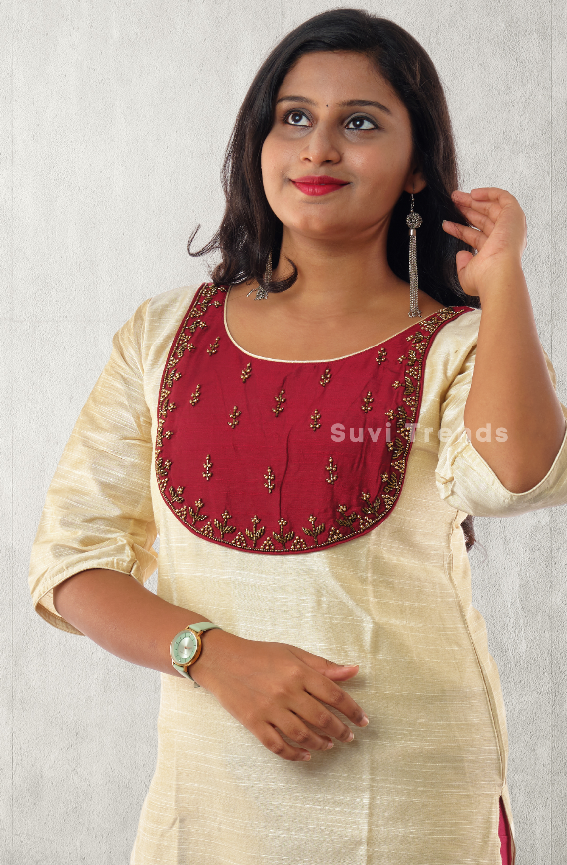 Off White & Maroon Aari worked Kurti