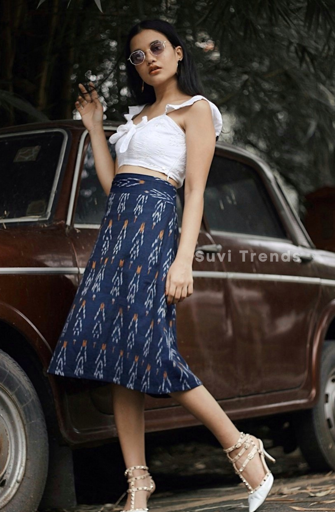 Indigo Broad Belt Ikat Skirt
