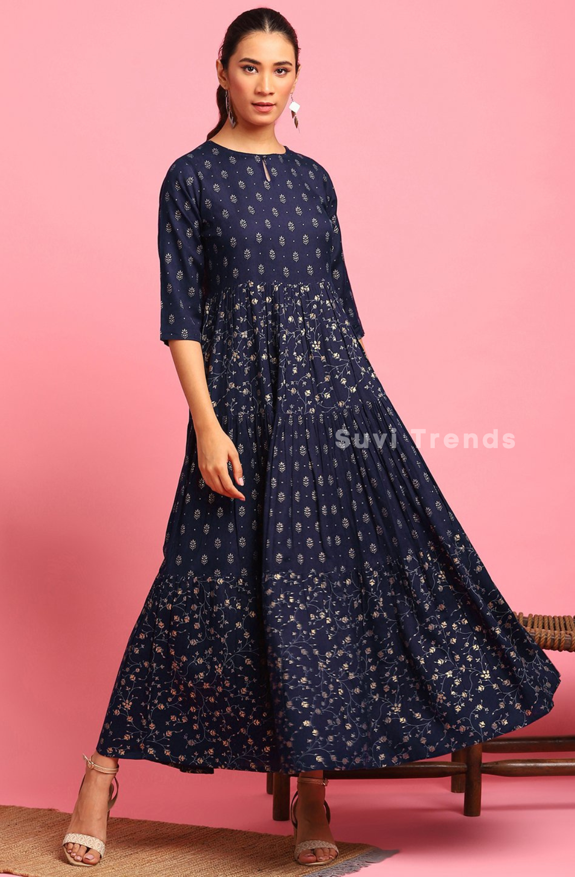 Geometric Motif Printed Anarkali - Navy Blue