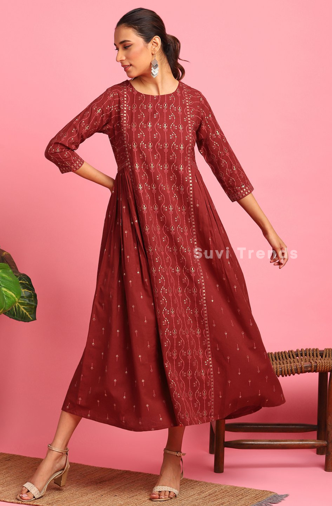 Maroon Cotton Flex Ethnic Dress