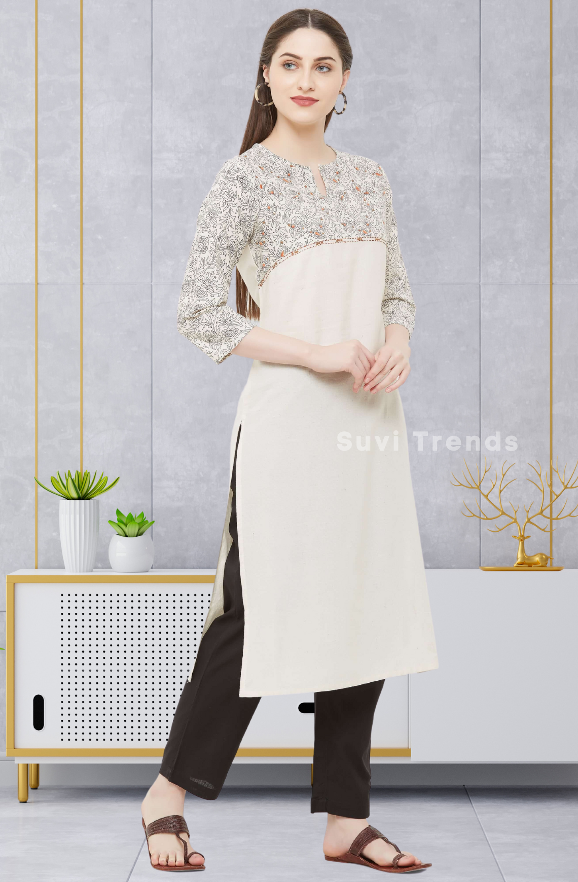 Cotton Straight Kurta with Printed Yoke - Off White
