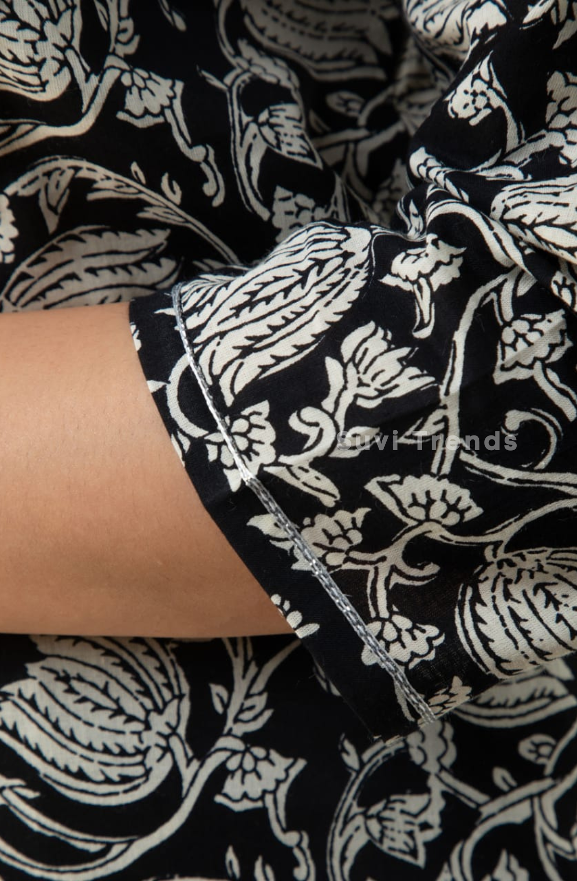 Printed Suit Set with Ikat Yoke - Black