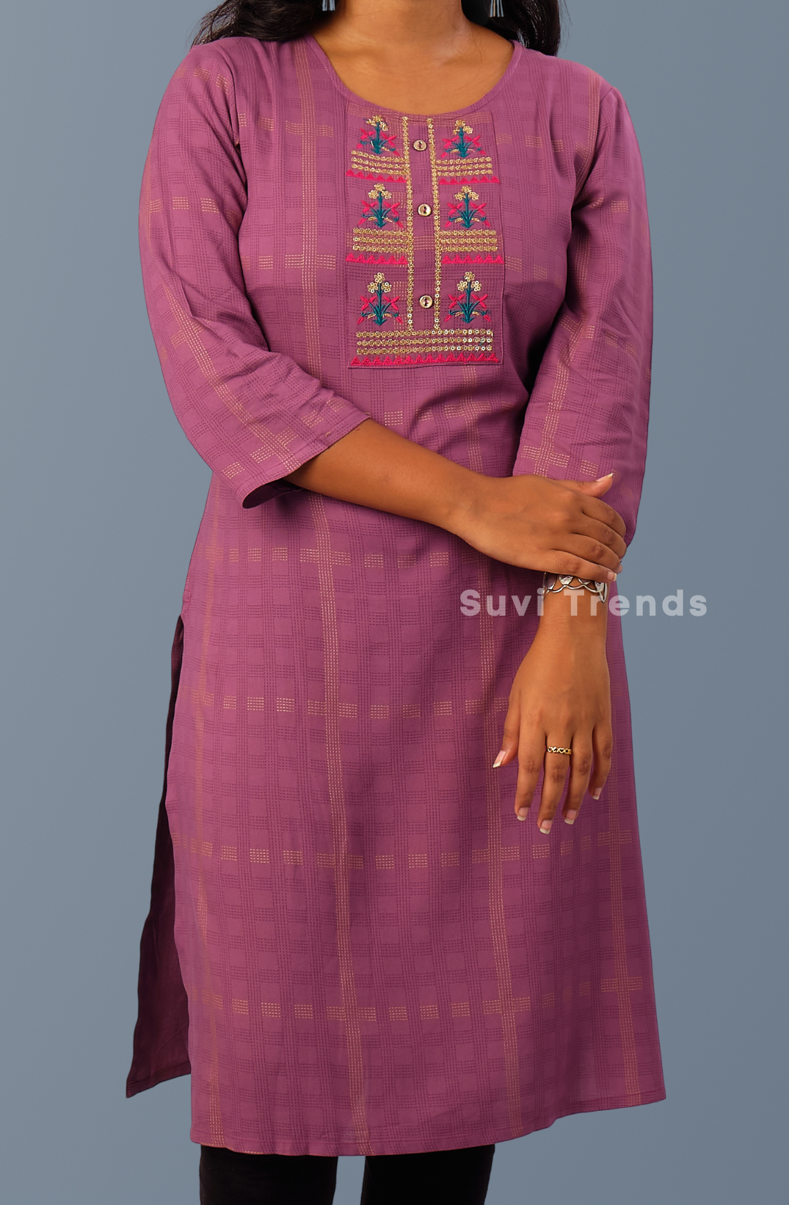 Cotton Checked Embroidered Kurta - Wine