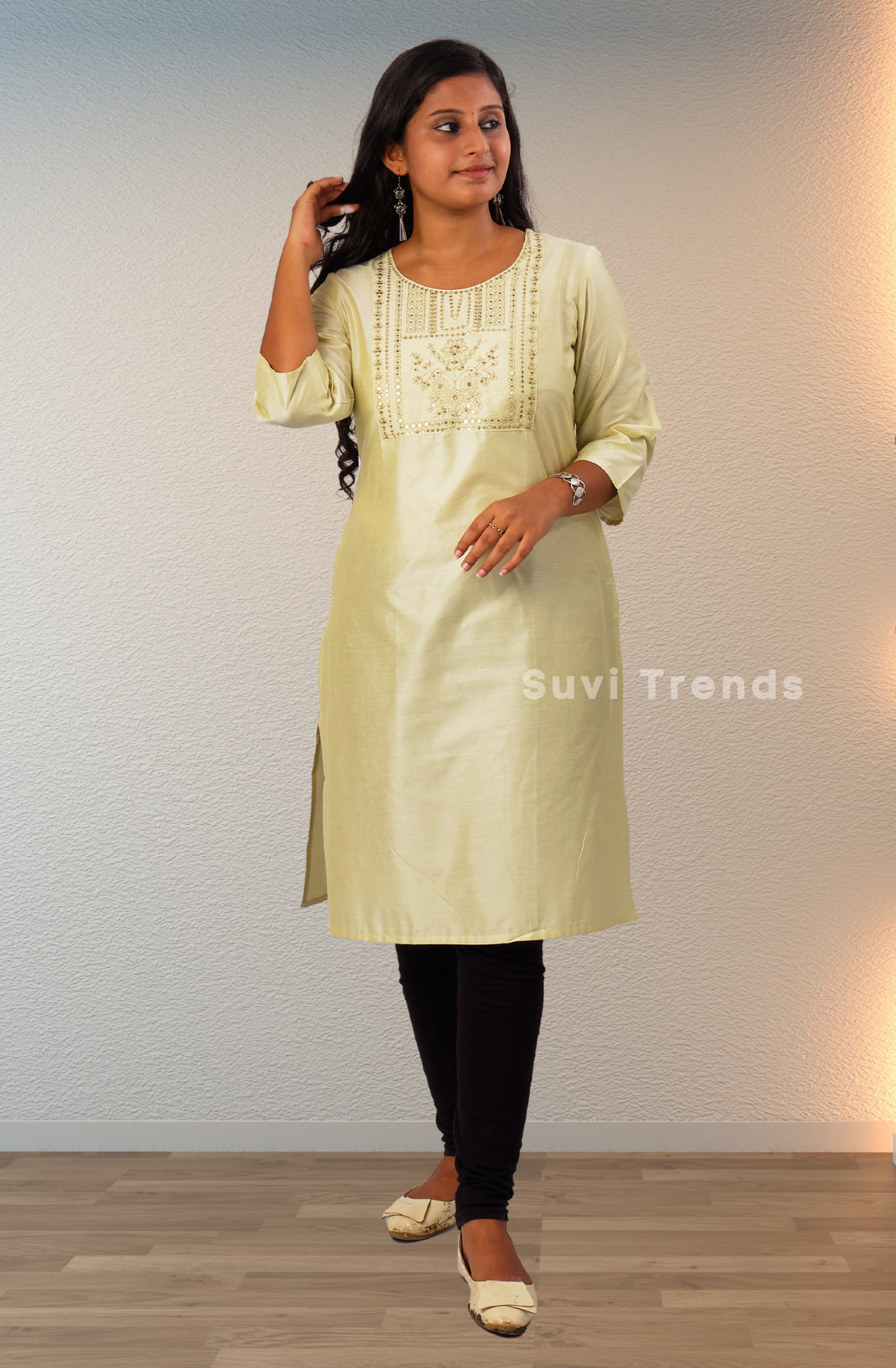 Solid Stright Cut Kurta with Sequins Work - Light Green