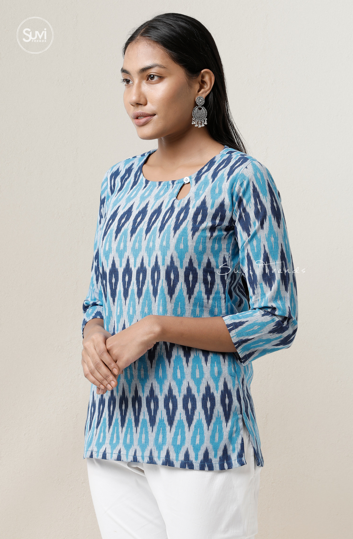 Torquoise Ikat Top with Keyhole Neck