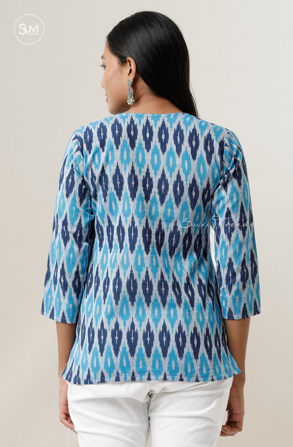 Torquoise Ikat Top with Keyhole Neck