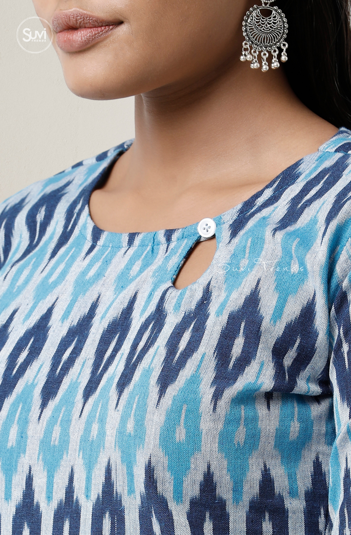 Torquoise Ikat Top with Keyhole Neck