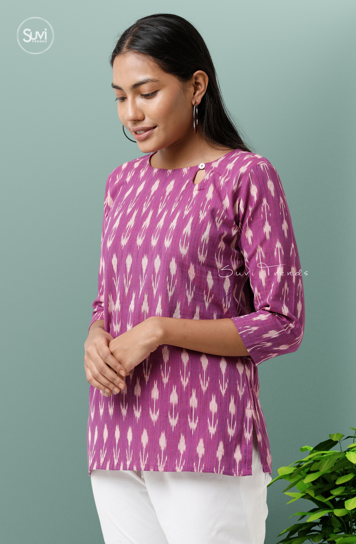 Magenta Ikat Top with Keyhole Neck