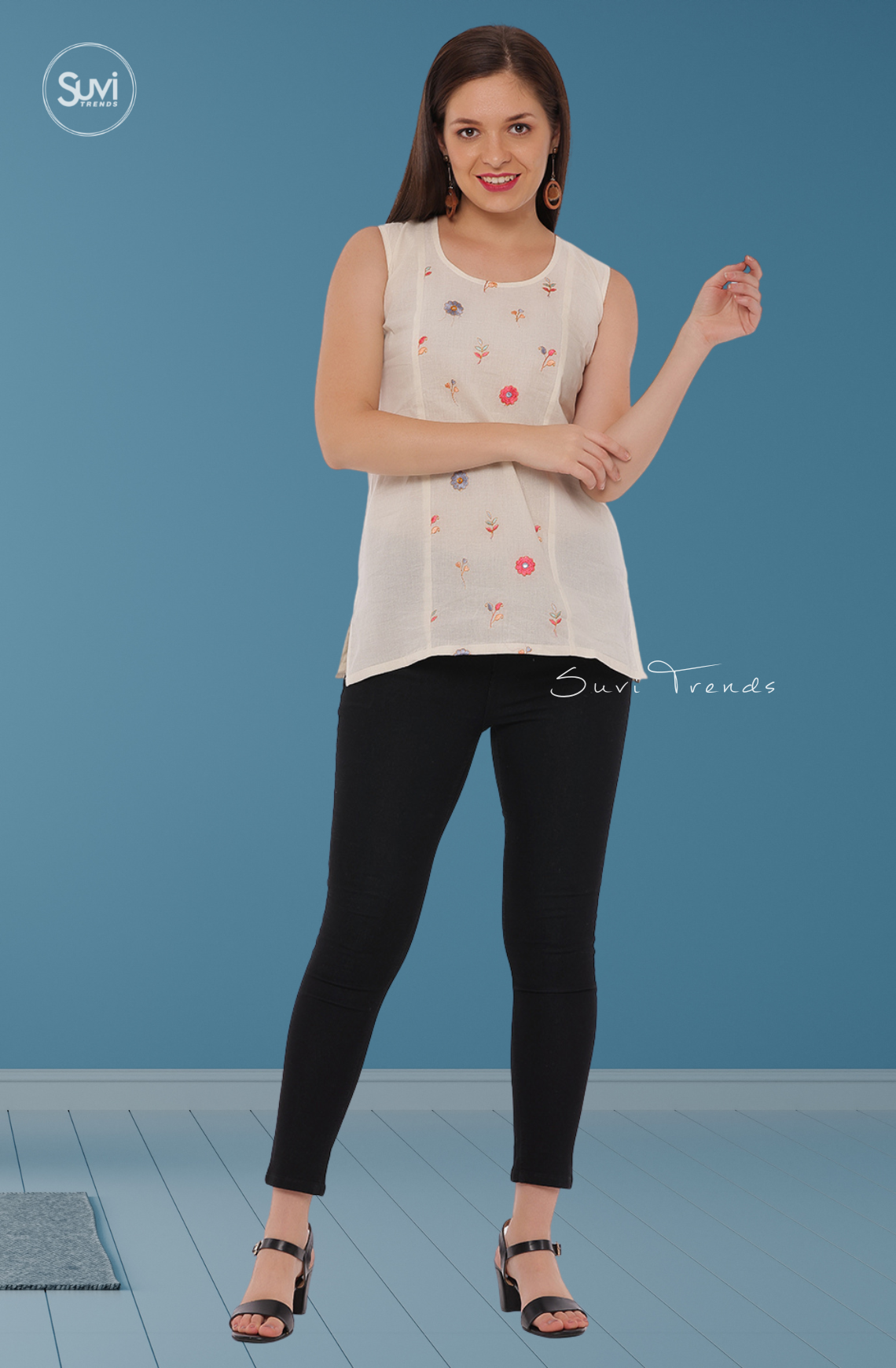 Off White Embroidered Top - Sleeveless