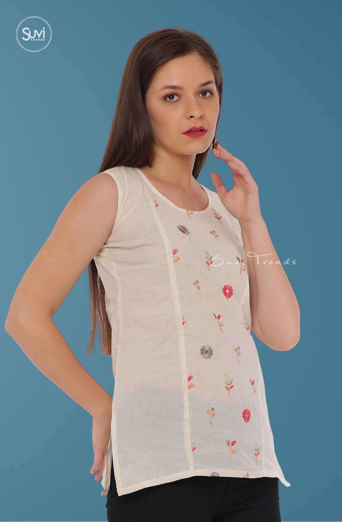 Off White Embroidered Top - Sleeveless