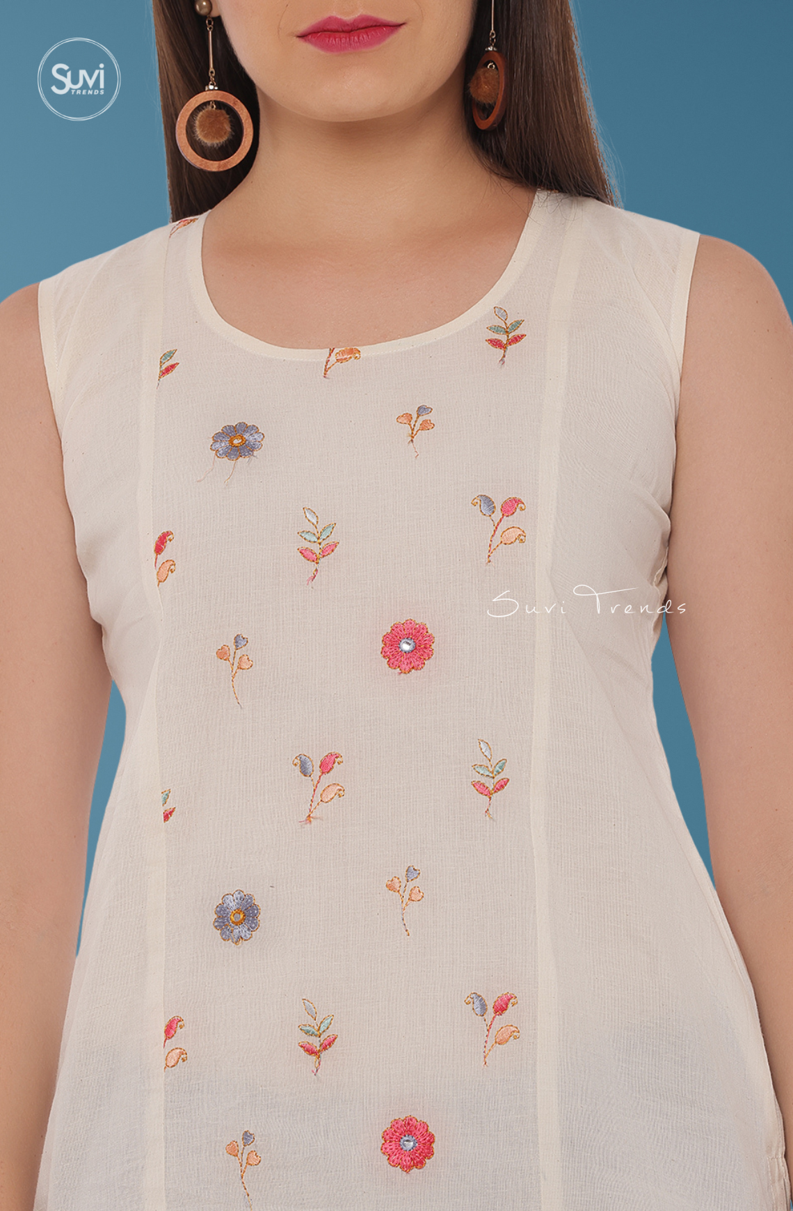 Off White Embroidered Top - Sleeveless