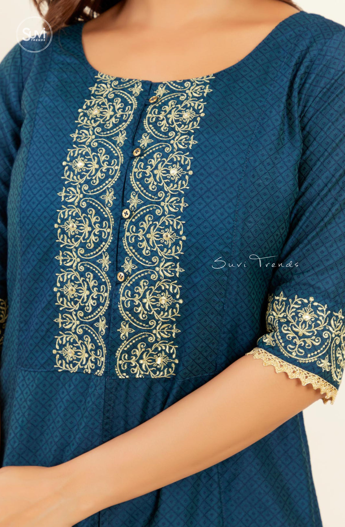 Contrast Scroll Motif Embroidered A-Line Kurta - Navy