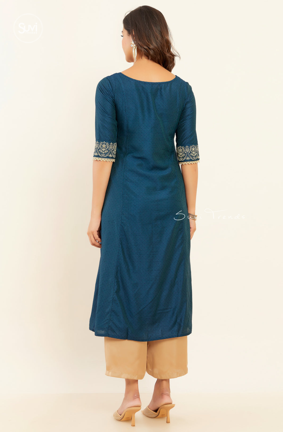 Contrast Scroll Motif Embroidered A-Line Kurta - Navy