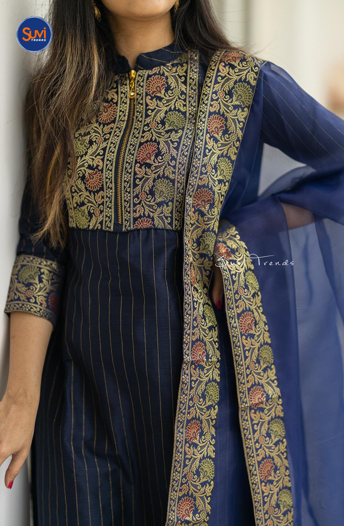 Blue Chanderi Silk Kurti with Organza Dupatta