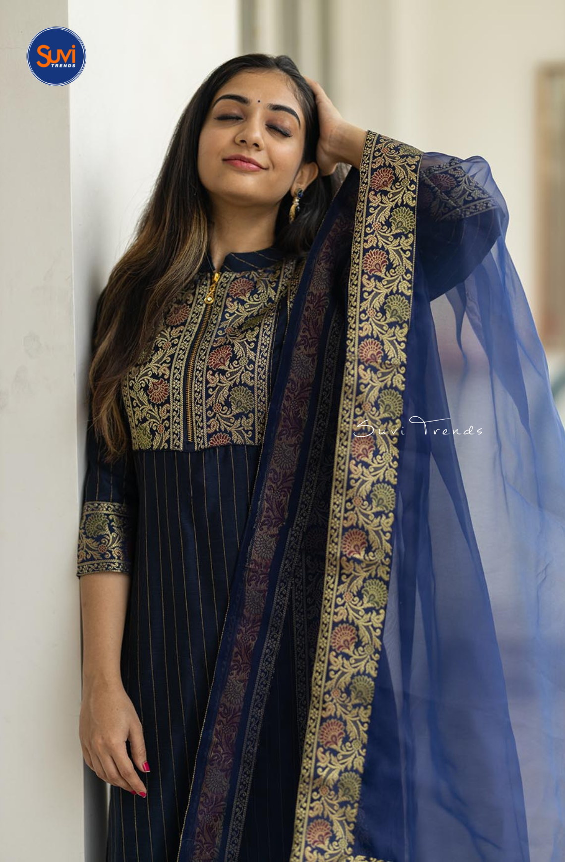 Blue Chanderi Silk Kurti with Organza Dupatta