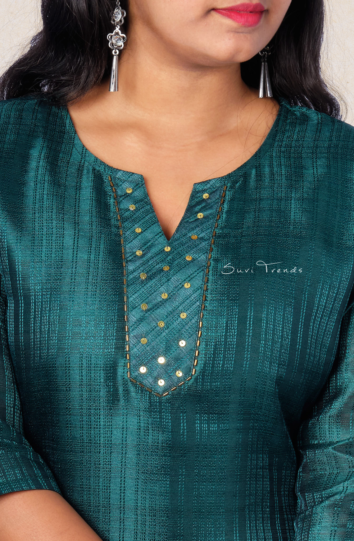 Solid Striped Kurta with Embellishment - Peacock Green
