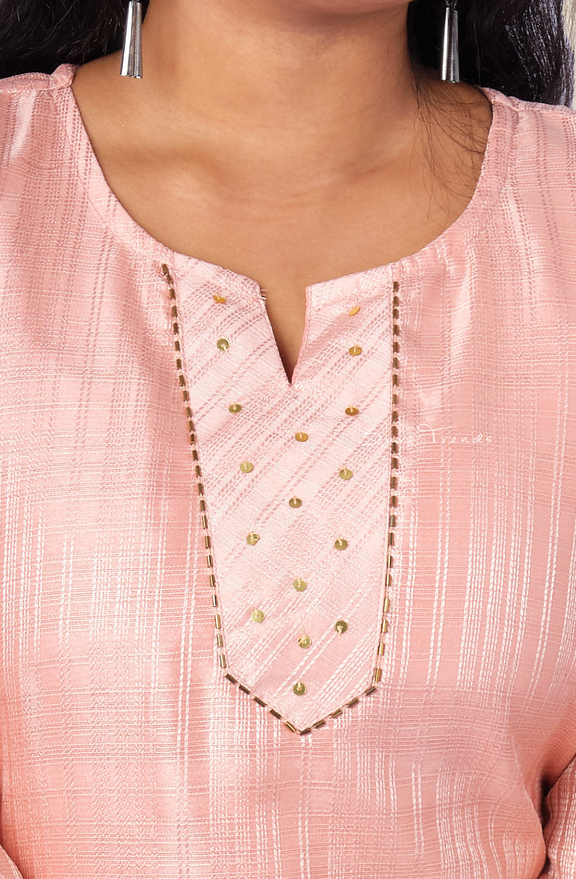 Solid Striped Kurta with Embellishment - Peach