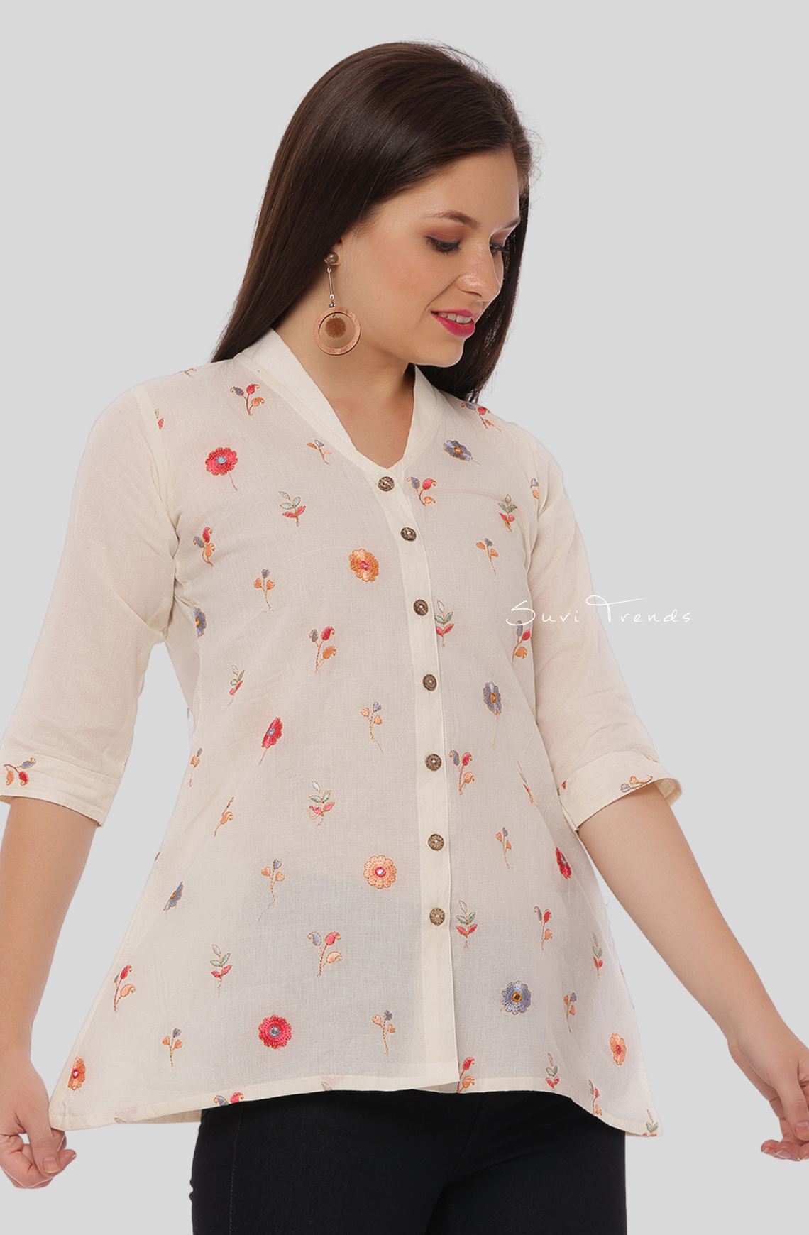 All Over Floral Embroidered A-Line Kurti - Off White